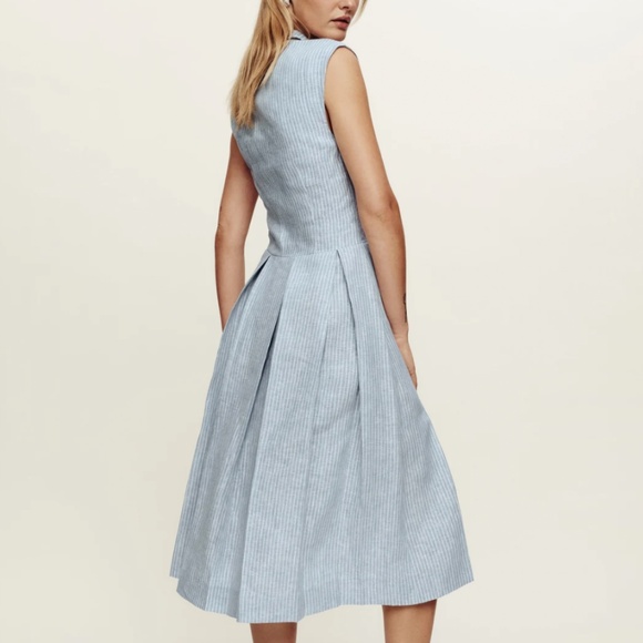 NEW Reformation Prim Linen Midi Dress - Blue White Stripes Casual - Picture 4 of 9